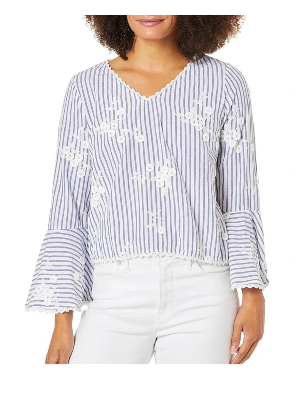 Karen Kane 100% cotton Blue-and-White Striped Embroidered V-Neck Top size small
